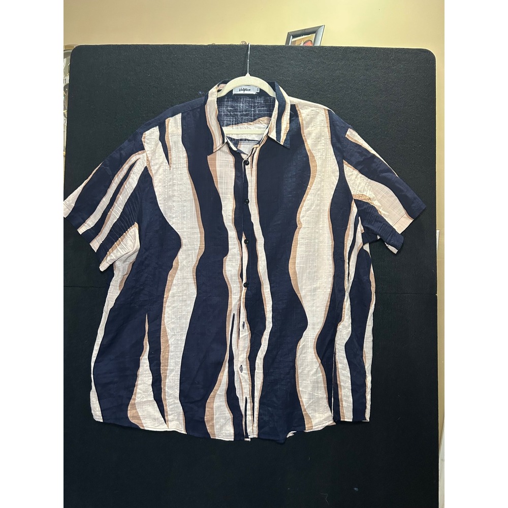Vatpave Mens XXL Short Sleeve Button Up Shirt Blue Beige Abstract Wave Pattern